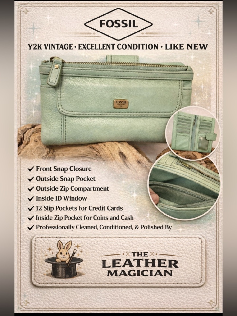 Fossil Mint Green Leather Wallet Organizer Y2K Vintage Full Grain Pebbled Snap